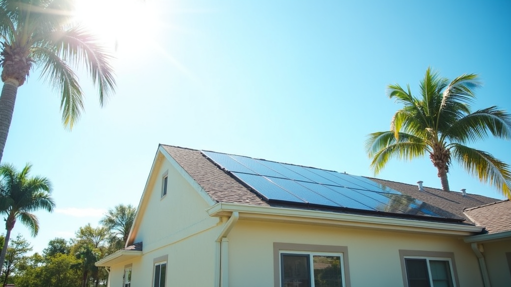 Residential rooftop solar panels in sunny Fort Myers, FL with palm trees in the background.