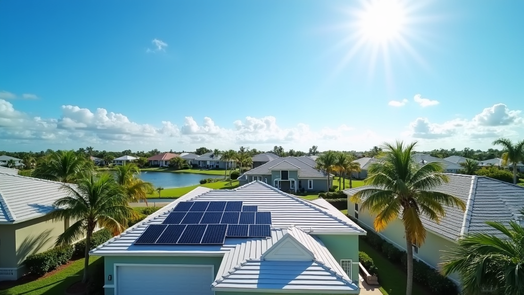 Solar panels mounted on the roof of a house in sunny Fort Myers, Florida, surrounded by palm trees.
