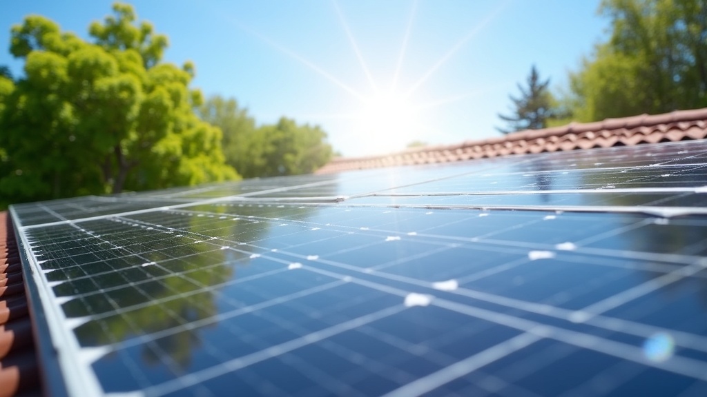 Axia by Qcells solar panels on a residential roof under sunshine with a clear blue sky, highlighting the clean energy technology and American suburban setting.